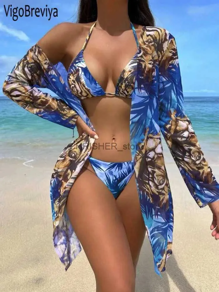 Bikinis Set VigoBreviya Sexy Print 3 Piece Mesh Smock Bikini Set Swimwear Women 2023 Halter Push UP Swimsuit Backless Beach Bathing SuitL231225