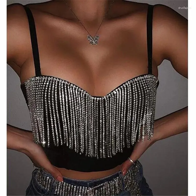 Tanques femininos Sexy Club de Diamante Sexy Tassel Tassel preto Camisole Fashion Girl Short Fitting Tank Crop Top Slash Gconst Bottoming Camisa