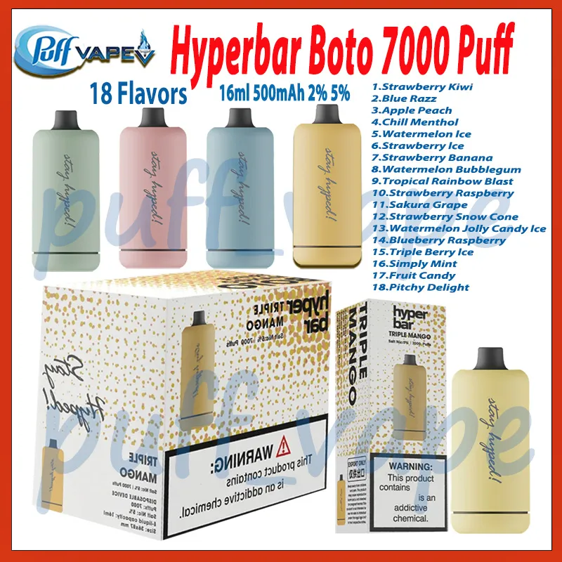 Authentic Hyperbar Boto 7000 Puff Disposable E Cigarette Disposable 16ml Prefilled Pod 500mAh Mesh Coil Vaporizer Device 18 Flavors 2% 5% Level Puffs 7k Vape Pen Kit