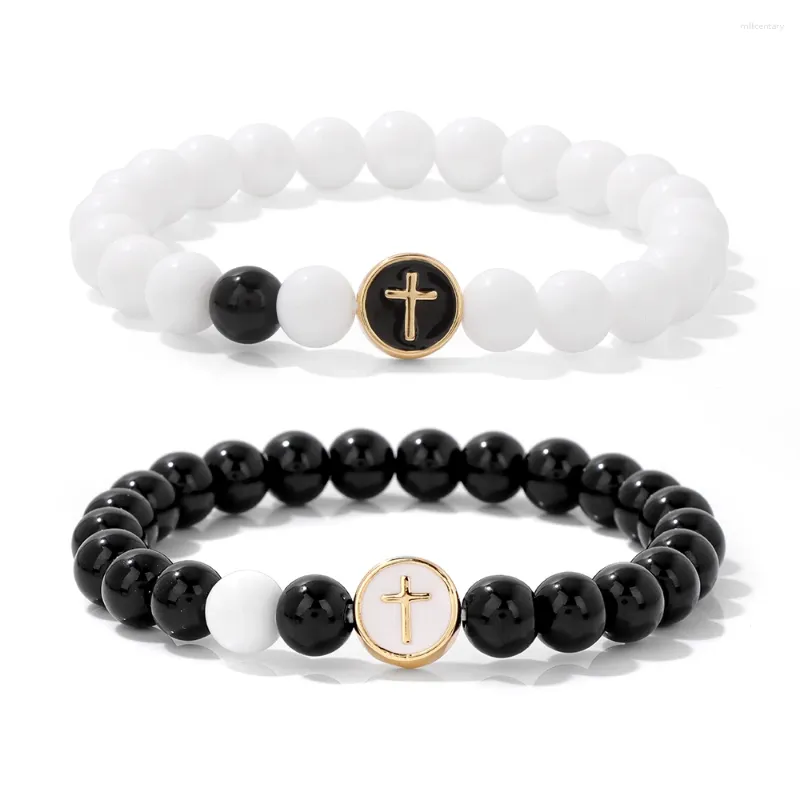 Strand 2PCS Men Black Onyx Procelain Beads Bracelets Cross Braslet Charm Natural Stone For Women Lovers Gift