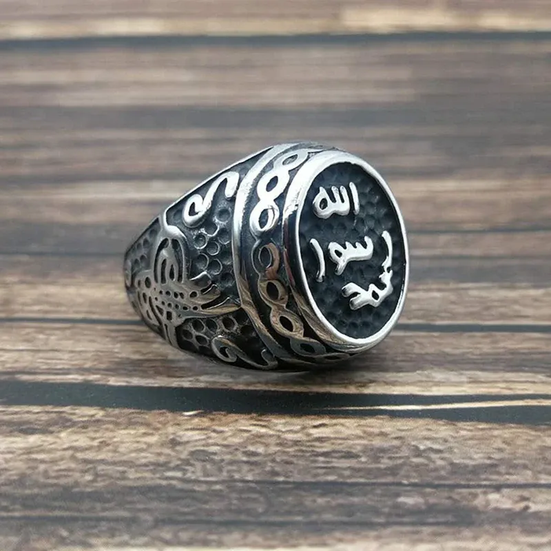 Male 14k in oro bianco bianco islamico Shahada Ring musulmano Ring Turchia Quran Aqeeq Allah Arabic for Men Party di fidanzamento del matrimonio mediorientale