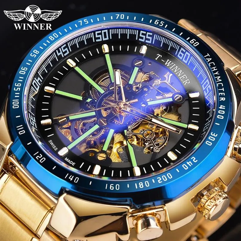 Winnaar Blauw Licht Glas Nieuwe Mode Heren Horloges Zwart Gouden Roestvrij Staal Waterdichte Sport Automatisch Horloge Lichtgevende Clock260H