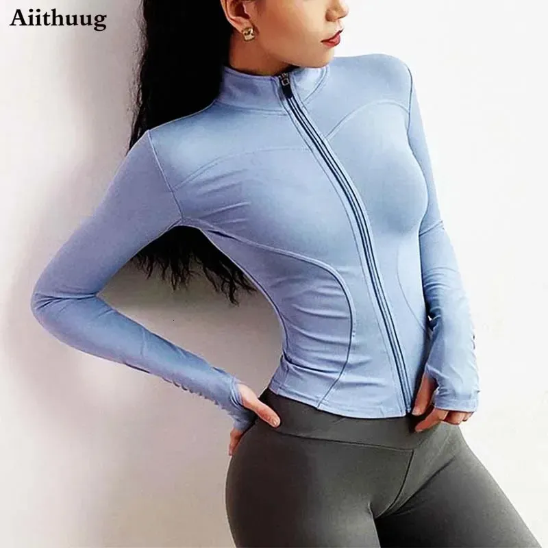 Aiithuug Giacca sportiva da corsa per yoga con cerniera intera da donna slim fit leggera con fori per i pollici per allenamento 231225