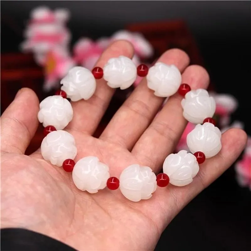 Bangle Natural White Jade 18mm Lotus Beads Bracelet Adjustable Bangle Charm Jewellery Fashion Accessories HandCarved Man Luck Amulet