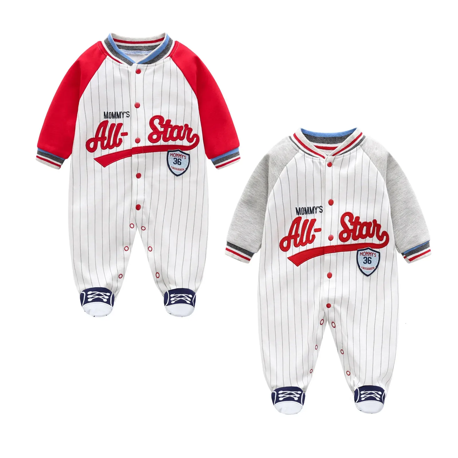 Бейсбольная одежда для новорожденных 0, 3, 6, 9, 12 месяцев, бостонские футболки с длинными рукавами для маленьких мальчиков, детский комбинезон, пижама Bebe 231225
