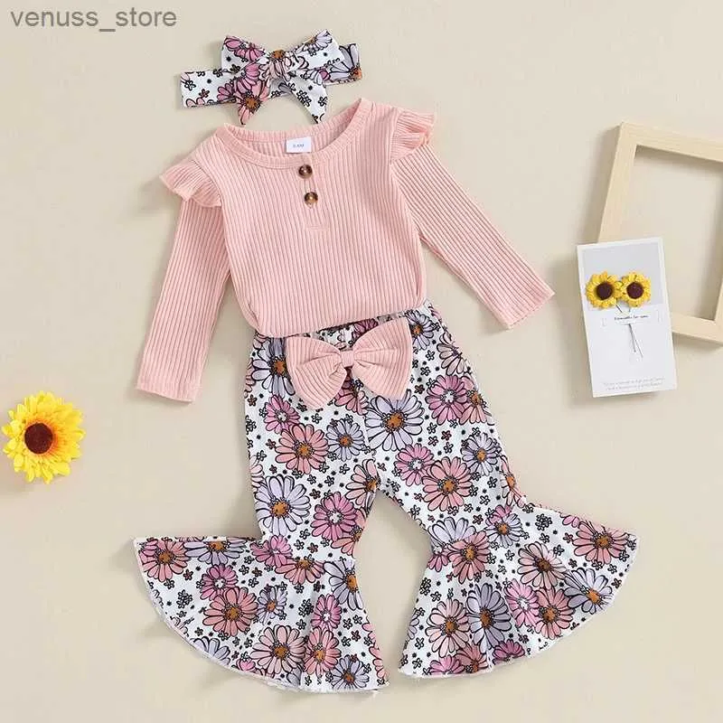 Clothing Sets 2023-10-19 Lioraitiin 0-18M Newborn Baby Girl Fall Winter Clothes Frill Romper Flared Pants Headband Bell-Bottoms Set Outfit