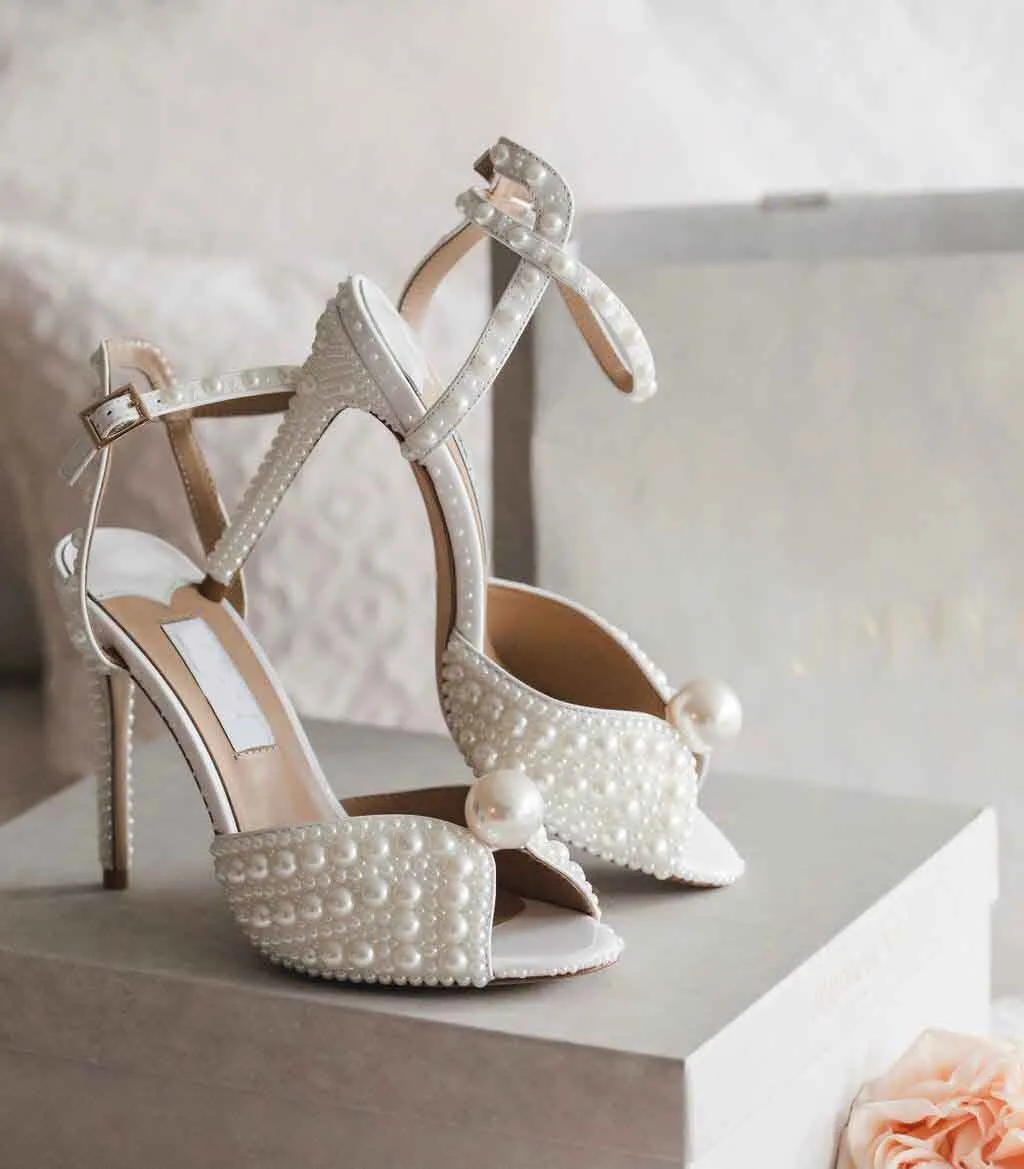 2024 Elegant SACARIA Platform Heel Sandals Shoes All Over Pearl