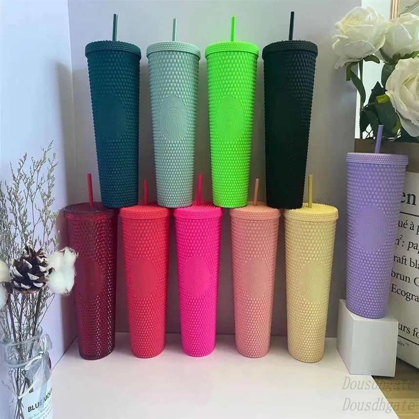 Starbucks Double Pink Durian Laser Straw Cups 710ML Tumblers Mermaid Plastic Cold Water Coffee Cup Gift Mugs293P