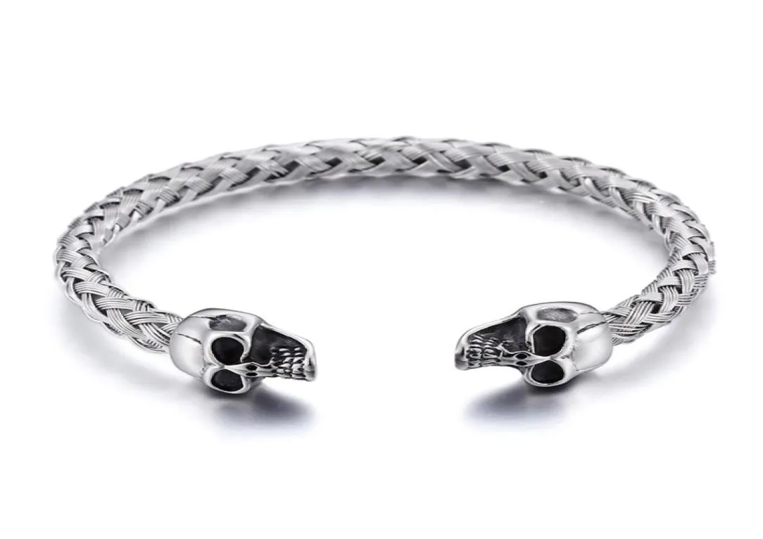 Pulseira de punho de aço inoxidável prata motociclista cabeça de caveira dupla extremidade aberta pulseira nó fio chain4218369