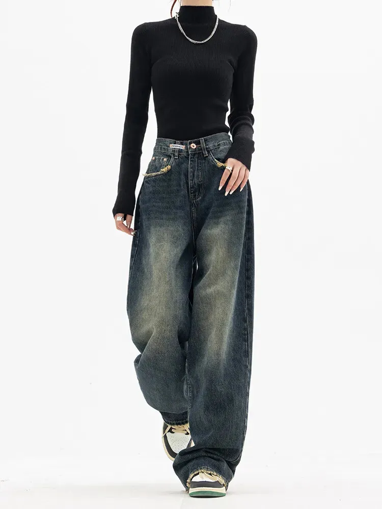 Harajuku Vintage Bf Style Streetwear Allmatch Lake Fashion Femme Wide The Geat Denim Bonders 231225