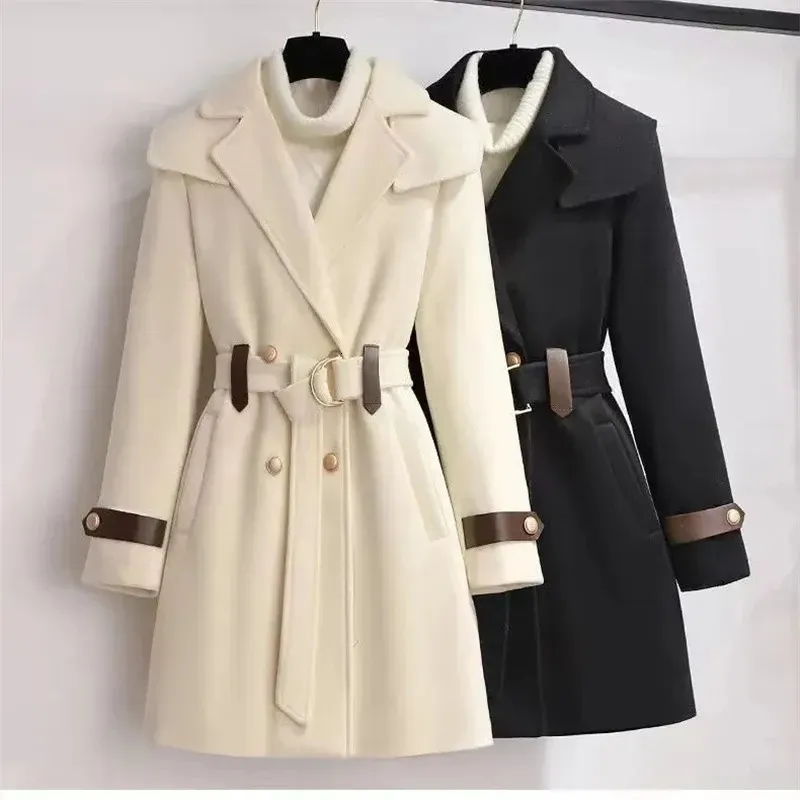 Jesienna i zimowa kurtka wełniana damska odzież wełniana płaszcza Slim Pas Elegancki długi płaszcz żeńska beżowa czarna odzież wierzchnia 231225