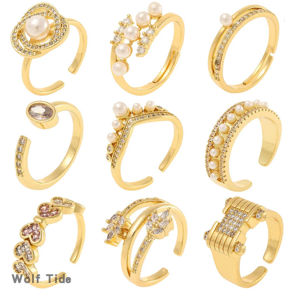 Anéis de punho aberto de casamento feminino estilo coreano de alta qualidade 18k banhado a ouro micro conjunto Bling anel de dedo de zircônia cúbica abertura ajustável anel de cauda versátil para mulheres