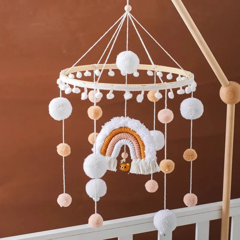 Bebê cama sino arco-íris pendurado brinquedo 0-12 meses nascido de madeira móvel música chocalho brinquedo berço titular suporte infantil cama acessórios 231225