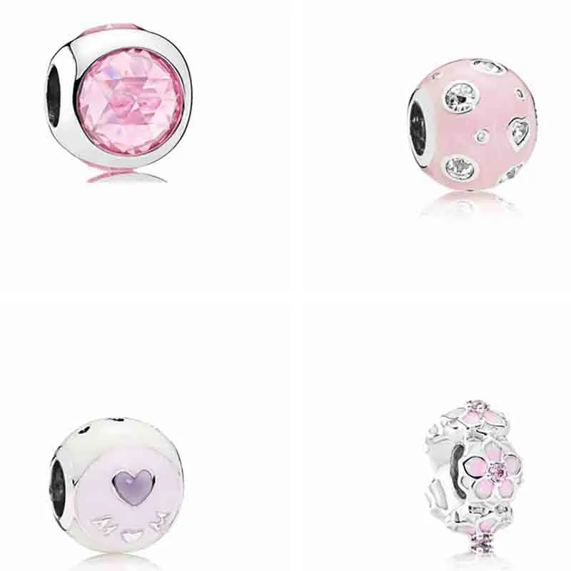 Abalorio colgante de plata de ley 925, cuentas de la serie Love de mariposa de flor de melocotón rosa, compatible con pulseras de abalorios Pando, accesorios de joyería DIY