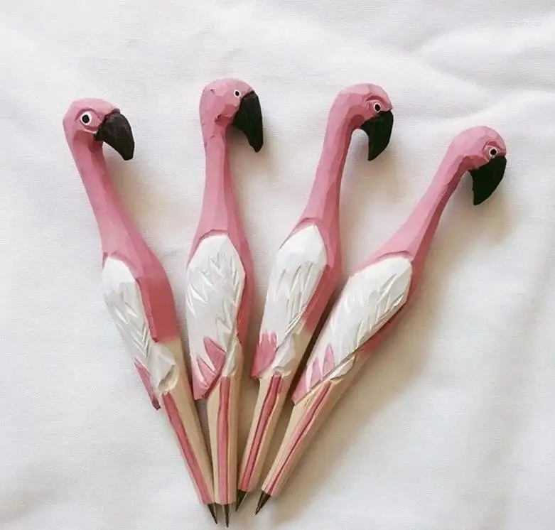 Favor de fiesta Flamingo Gel Pen Hecho a mano Tallado Madera Animal Papelería Tropical Bird Craft Escuela Estudiantes Premio 10pcs