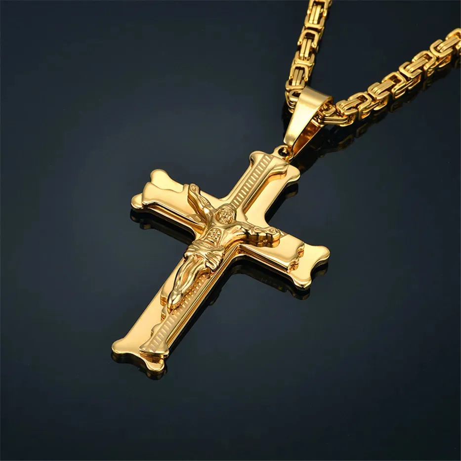 Fashion Byzantine Chain Christ Cross Stainless Steel Long Necklace for Men Gold Color Statement Jewelry collares largos 231225