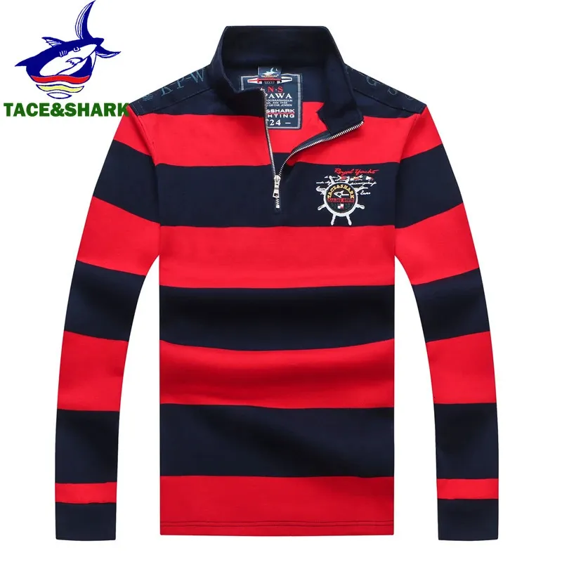 TACE Shark Brand Shark Wide Stripes broderi Röd långärmad Polo toppar Casual Fashion Men Slim Business Clothes 231222