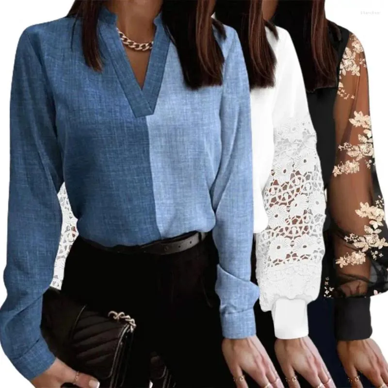 Women's Blouses Hollow Lace Patchwork Top Elegant Splicing V-Neck Office Lady Blouse Loose Fit pullover tops modieuze lantaarnhuls