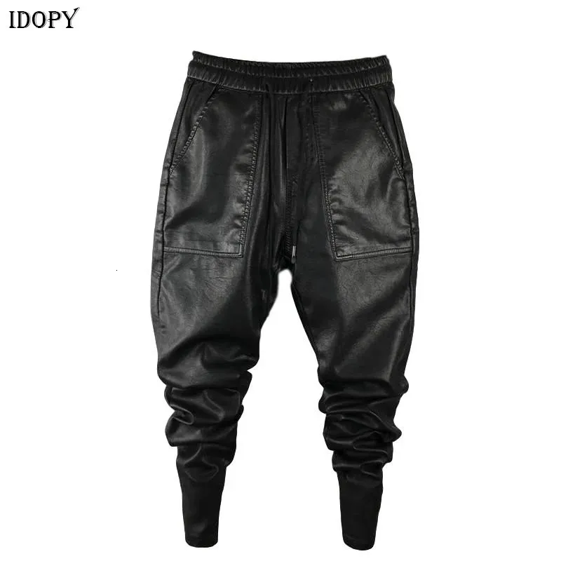 Idopy Mens Winter Warm Faux Leather Harem Pants Elastic midja Drawstring PU JOGGINGS TROUSERS FÖR Male 231222