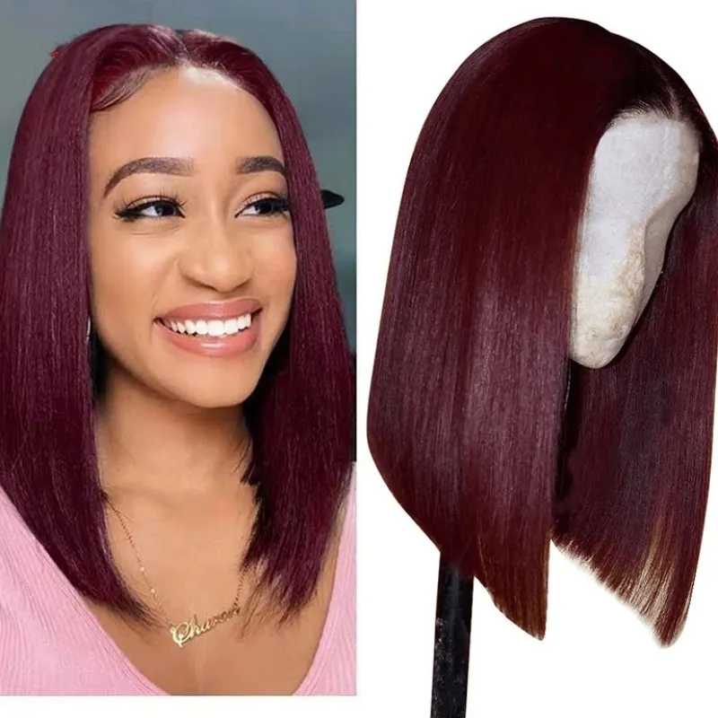 99j Brazilian Peruvian Indian Virgin Human Hair 13X4 Lace Front Bob Wig Middle Part 10-18inch Burgundy Wigs