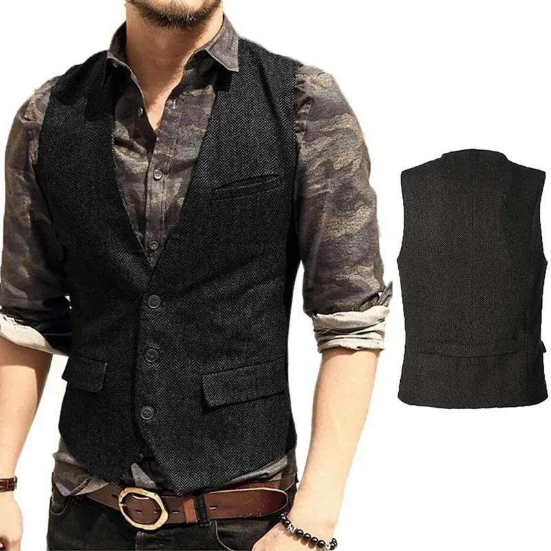 Deep V Neck Suit Vests Classical Formal Business Herringbone Wood