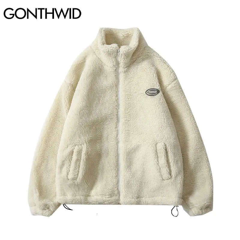 Hip Hop Winter polar Fluffy Jacket Streetwear Harajuku Fuzzy Zipper Płaszcz Mężczyzn Men Solid Kolor Lekkie kurtki Beige 231222