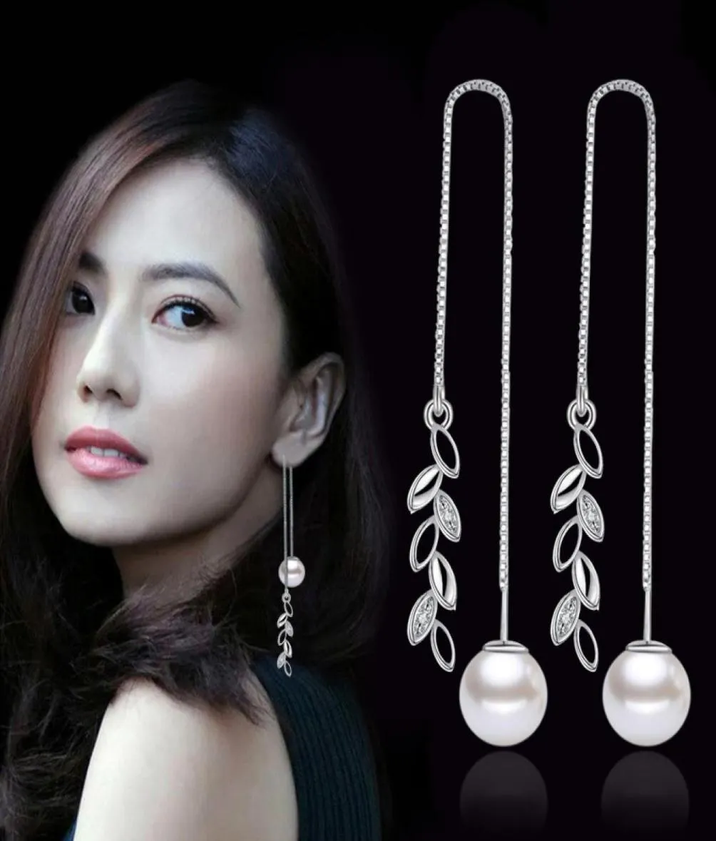 925 Sterling Silver Fashion Flower Dangle örhängen Luxur Pearl Long Tassel Leaves Crystal Ear Rings smycken för kvinnor6239028