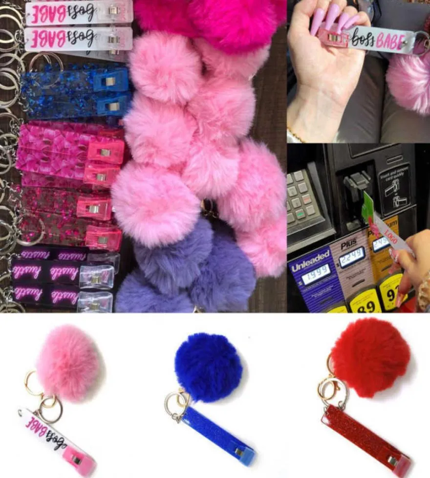 Niedlicher Kreditkarten-Abzieher, Pompom-Schlüsselanhänger, Acryl-Debit-Bankkarten-Grabber für lange Nägel, Geldautomaten, Kaninchenfell-Kugel, Schlüsselanhänger, rosa Karten, Cli1983591