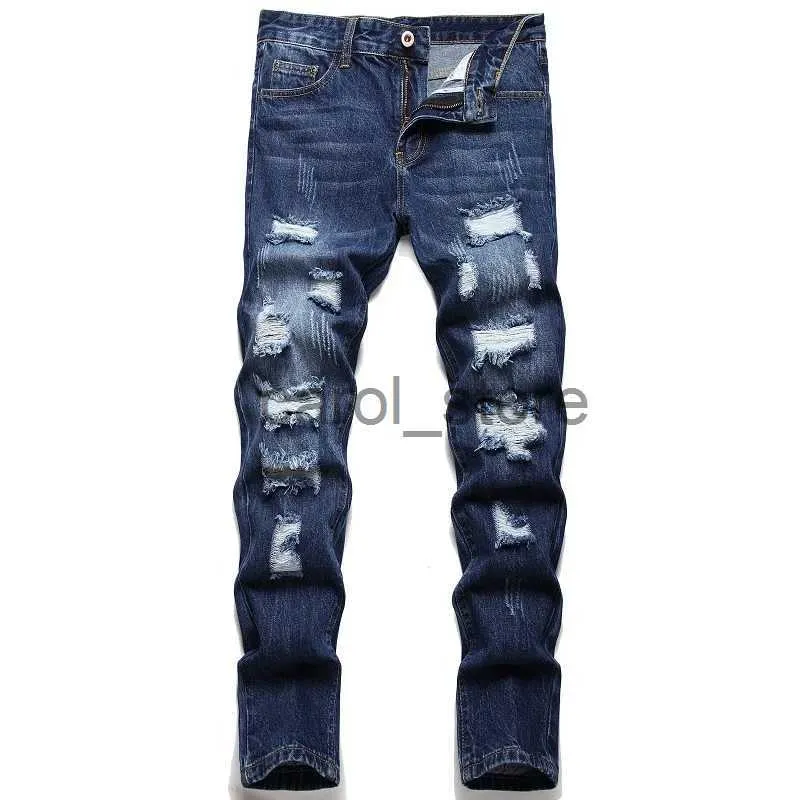 Mäns jeans denim byxor rakt tvättade med veckade rippade hål knappar skinny cyklist jeans blå 2022 smala fit jeans män byxor het försäljning j231225