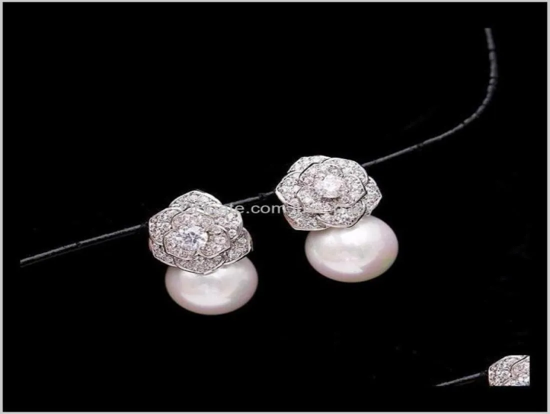 Lovely Diamond Zircon Camillia Flower Pearl Earrings For Woman Girls Super Glittering Ins Fashion Luxury Designer 925 Silver Post 2237613