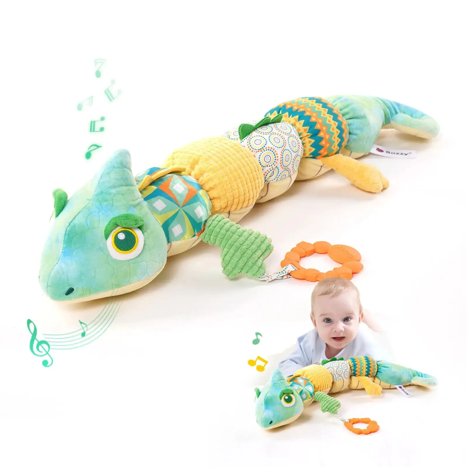Chameleo juguetes infantiles bebé musical juguetes de peluche con sonajeros arrugado BellBaby juguetes para la dentición para el tiempo de barriga nacido sensorial 231225