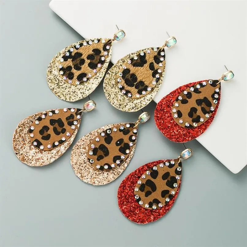 Stud Bohemian Style Paste Crystal Multi-Layer Leather Leopard-tryck Sekvenserade örhängen för kvinnor Girls Fashion Jewelry Accessorie274i