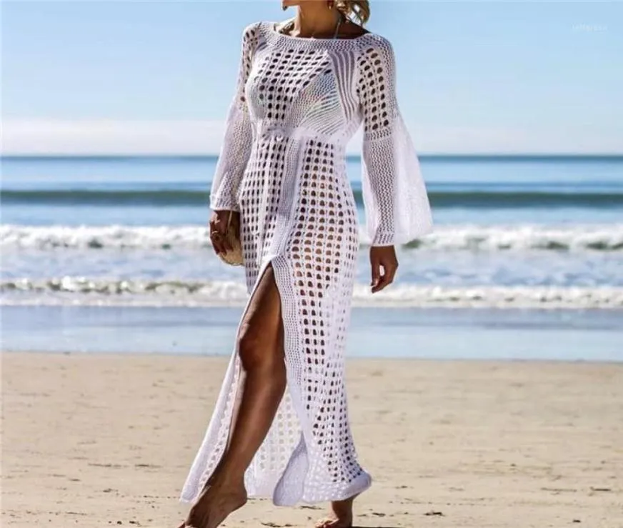 Sarongs 2021 Crochet Blanc Tricoté Plage Cover Up Robe Tunique Longue Bikinis Ups Swim Beachwear18928632