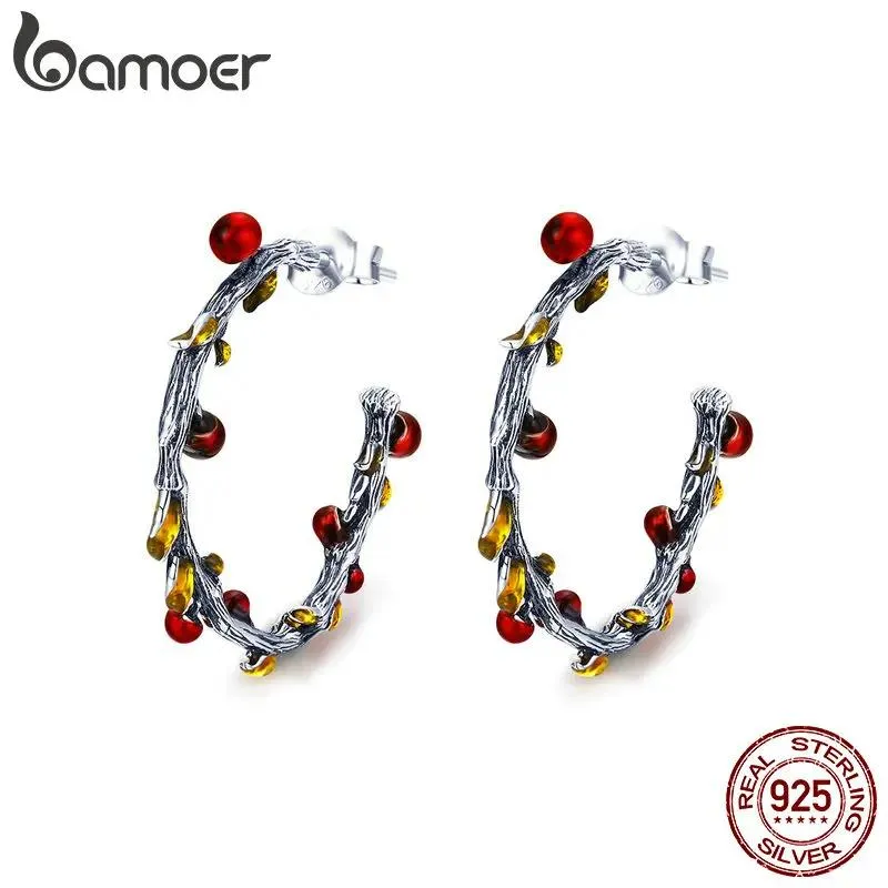 Huggie Bamoer Authentic 925 Sterling Silver Autumn Plant Withered Tree Leaves Fool earrings for Women jorean earrings Jewelry sce443