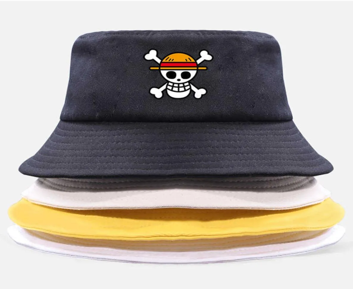 En bit hink hatt Panama cap Pirate King Anime Luffy Harajuku Kvinnor Män Bomull utomhus solskyddsmedel breda randen hattar kepsar q08055802054