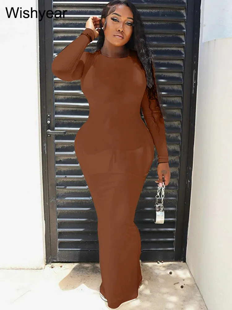 fitted lace wedding dress Exclusive Brown Long Sleeve Maxi Dress