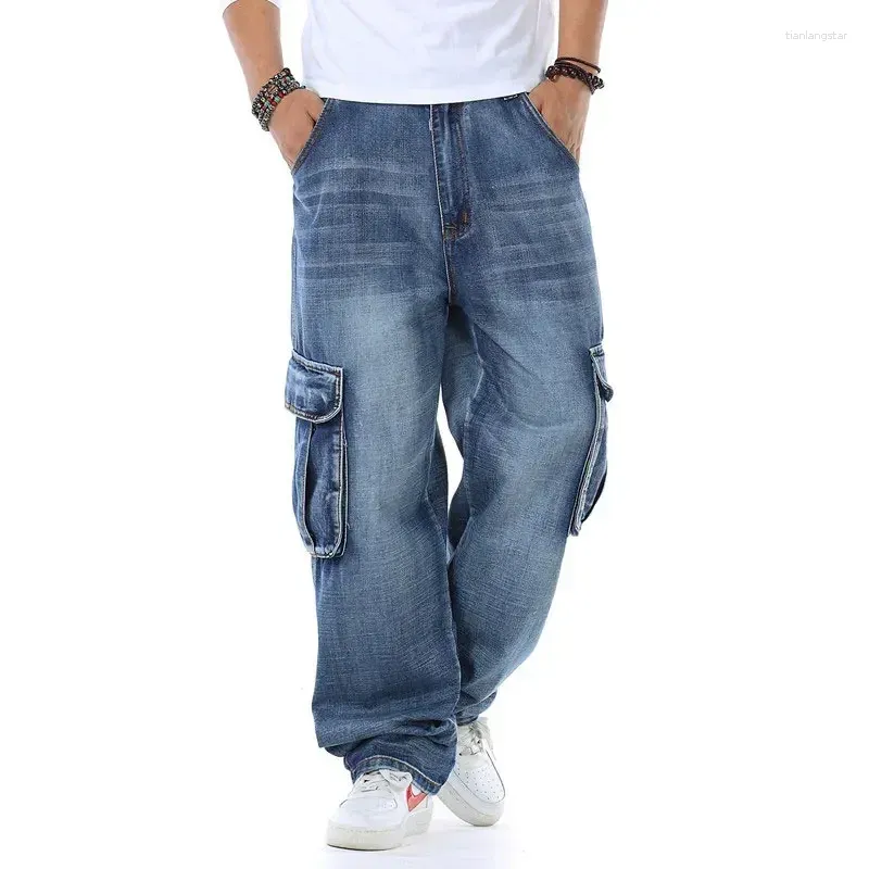 Мужские джинсы Большой размер 46 свободные мужские брюки с прямой карманной мешковиной повседневная уличная одежда хип -хоп бренд синие брюки для грузовых ног.