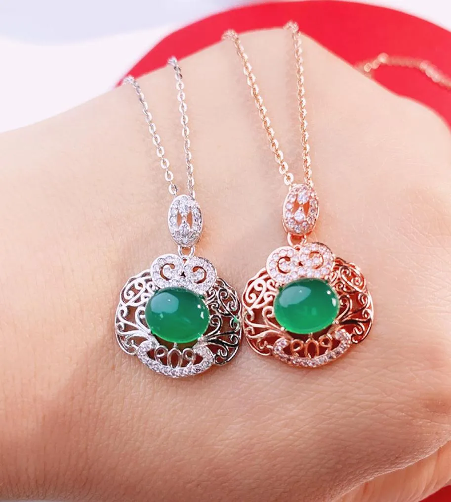 S925 Sterling Silver Inlaid Top Quality Chrysoprase Pendant Natural Agate Drop Noble Jade Halsbandkedja Fina smycken5150307
