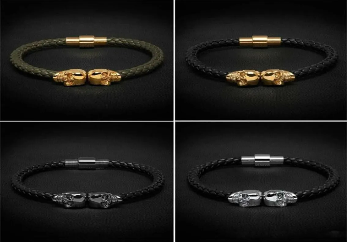 women men Mens Black Genuine Leather Braided Bracelet Men Stainless Steel For Women Gold skull Bangle for1564244