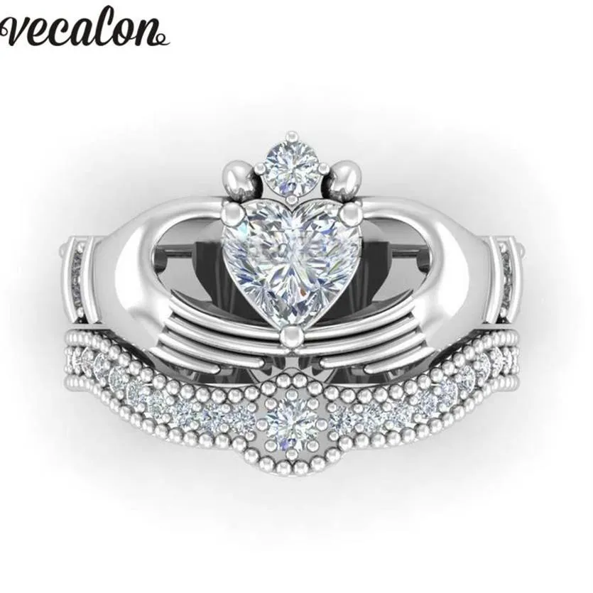 ウェディングリングvecalon luxury lovers claddagh ring 1ct 5a zircon czホワイトゴールドフィルドエンゲージメントバンドセット女性men282j