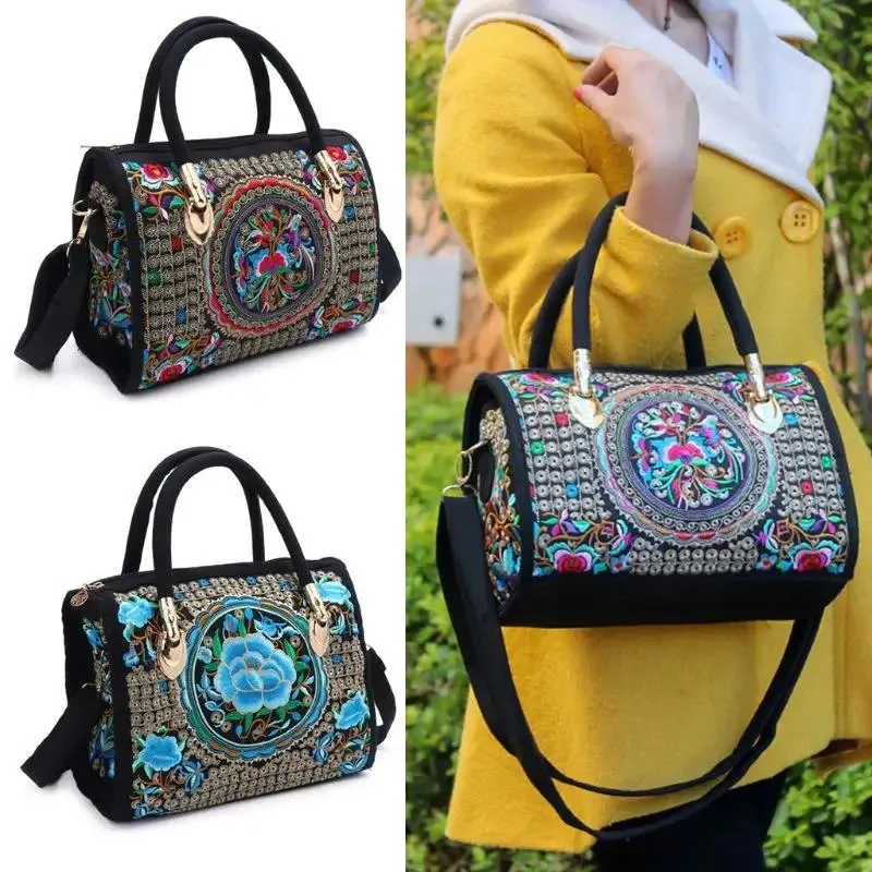 Bags Women Floral Embroidered Handbag Ethnic Boho Canvas Shopping Tote Zipper Bag