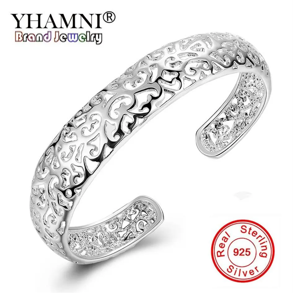 Yhamni Classic Real 925 Sterling Silver Armband Bangles For Women Fashion Charm smycken Öppna manschett Bangle B144295Y
