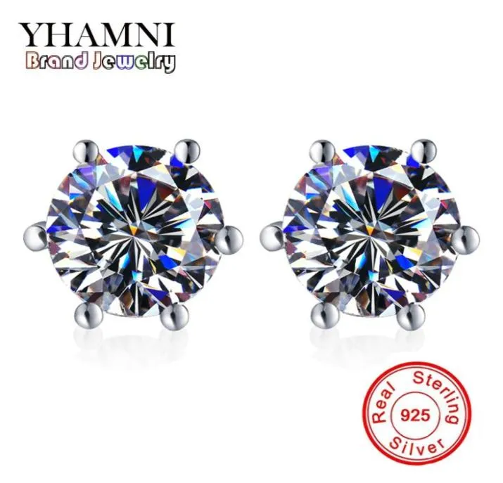 YHAMNI Original 925 Sterling Silver Earrings 6mm 1 Carat CZ Diamond Wedding Stud Earrings For Women Men Fashion Jewelry ED063852505