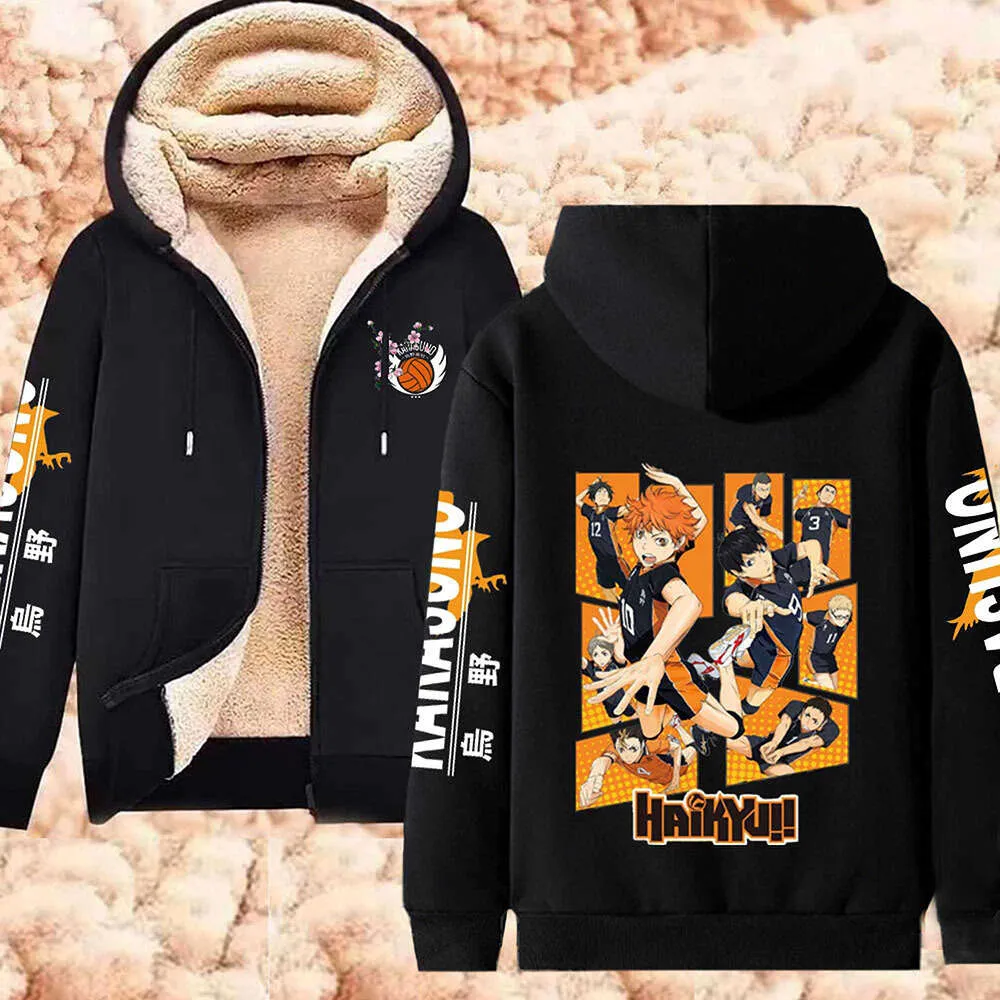 Inverno grosso hoodies anime haikyuu hoodie y2k engrossar jaqueta com zíper das mulheres dos homens jaquetas de lã de cordeiro shoyo hinata camisolas