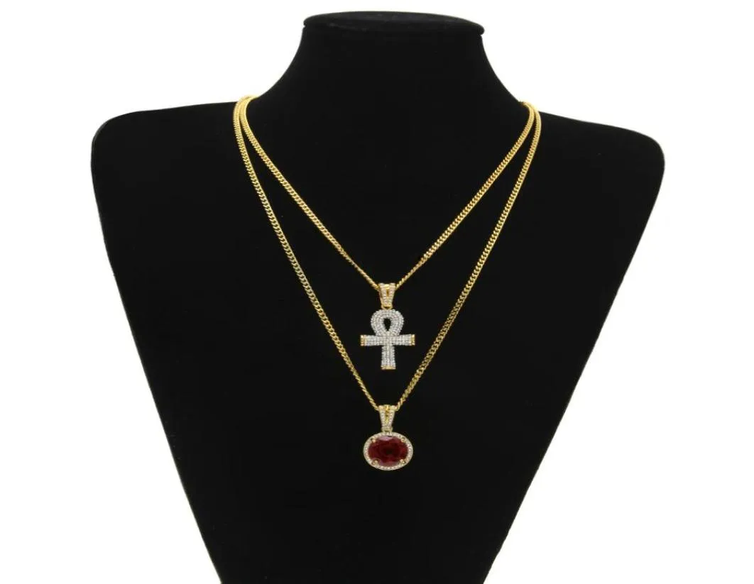 Egyptiska stora ankh -nyckelhängen halsband sätter runt rubin safir med strass charms kubanska länkkedjor för mens hiphop smycken8911843