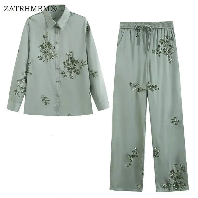 Zatrhmbm 2023 Womens Fashion Sequined Satin Shirt and Drawstring High midjebyxor Set Chic Youth Vacation Suit 231225