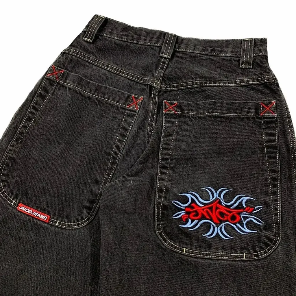 JNCO DEREANS HARAJUU HIP HOP RETRO LITET GRAFIC Haftowane workowate dżinsowe spodnie mężczyźni Kobiety Goth Wide Spoders Y2K Streetwear 231225