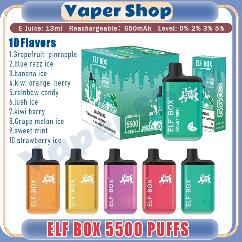 100% Original ELF Box 5500 Puff Disposable Vape Pen 13 ML POD 650mAh RECHARGEABLE Batterywholesale Vape Puff 5K Electronic Cigarette