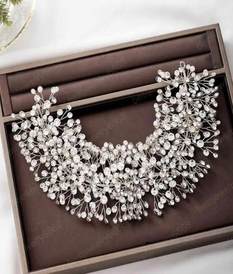 Luxe à la main couleur argent bandeau brillant plein strass diadèmes perles mariée mariage casque femmes fête cheveux bijoux 2423867