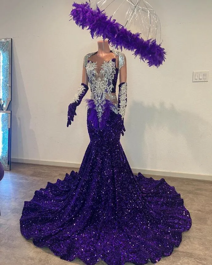 Robe De Soirée Sirène Aux Paillettes Pourpre En Velours Violet